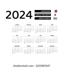 Calendar 2024 English language with Qatar public holidays. Week starts from Sunday. Graphic design vector illustration.