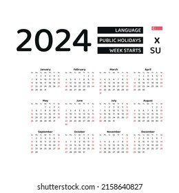 Calendar 2024 English language with Singapore public holidays. Week starts from Sunday. Graphic design vector illustration.