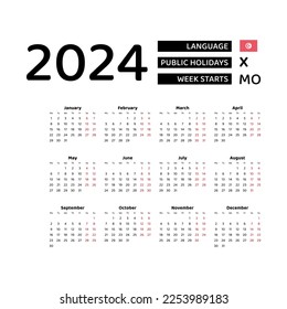 Calendar 2024 English language with Tunisia public holidays. Week starts from Monday. Graphic design vector illustration.