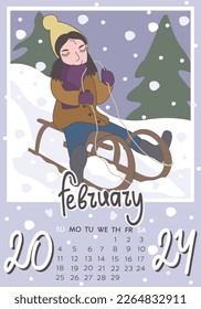 Calendar 2024. February 2024. Calendar A4, A3. Week starts on Sunday, vector illustration with cute little girl riding a sled down the snowy hill.