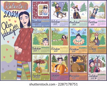 Calendar 2024. Finnish language. Colorful monthly calendar with cute little girl in different situations. Cover and 12 monthly pages. Week starts on Monday, vector illustration. A3, A4 formats.