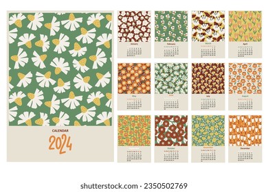 Calendar for 2024 with floral patterns in scandinavian style. Monthly calendar with vertical pages A4 format. Funny different flowers, doodle style. Vector illustrations.