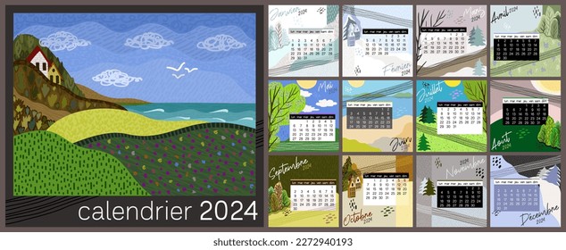 Calendar 2024 in french language. Colorful monthly calendar with various landscapes. Cover and 12 monthly pages. Week starts on Monday, vector illustration. Square pages.