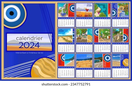 Calendar 2024 in french language. Colorful monthly calendar with various southern landscapes. Cover and 12 monthly pages. Week starts on Monday, vector illustration. A4 pages.