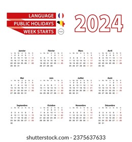 Calendar 2024 in French language with public holidays the country of Belgium in year 2024. Week starts from Monday. Vector Illustration.