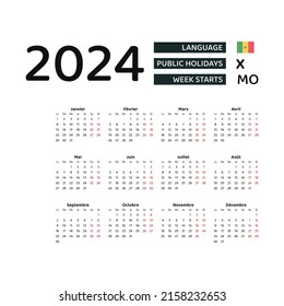 Calendar 2024 French language with Senegal public holidays. Week starts from Monday. Graphic design vector illustration.