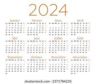 Calendar 2024 in French, week starts on Monday, corporate design template vector.