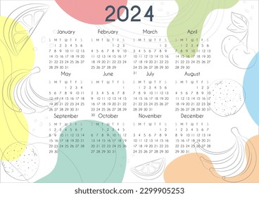 calendar for 2024 with fruit sketches and abstract background in pastel colors