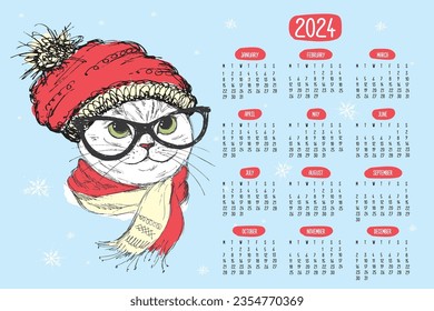 Calendario 2024 con gato de moda gracioso. Afiche horizontal dibujado a mano con animal casual. Mascota doméstica con ropa de invierno. Plantilla de cuadrícula de calendario imprimible, primero lunes. Ilustración del vector