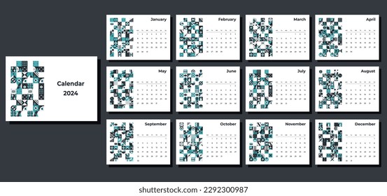 Calendario 2024 patrones geométricos. Plantilla de calendario mensual para 2024 año con formas geométricas.