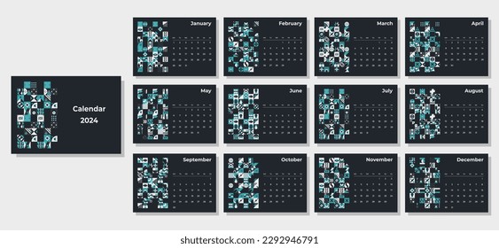 Calendario 2024 patrones geométricos. Plantilla de calendario mensual para 2024 año con formas geométricas.