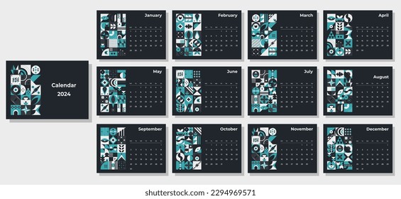 Calendar 2024 geometric patterns. Monthly calendar template for 2024 year with geometric shapes.