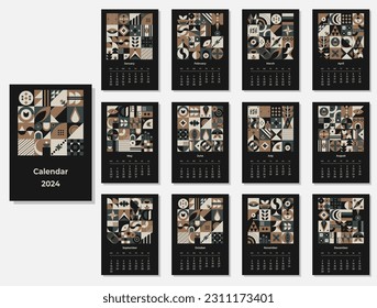 Calendar 2024 geometric patterns. Monthly calendar template for 2024 year with geometric shapes.
