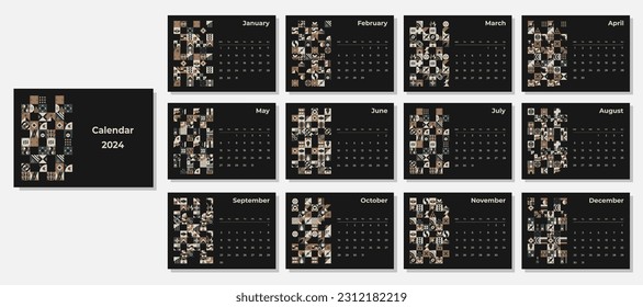 Kalender 2024 geometrische Muster. Monatliche Kalendervorlage für 2024 Jahr mit geometrischen Formen.
