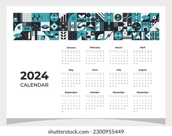 Calendar 2024 geometric patterns. Calendar template for 2024 year with geometric shapes.