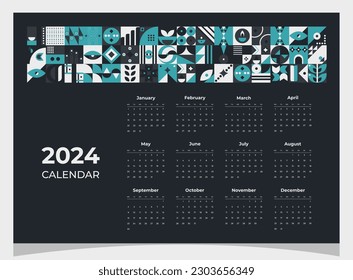 Calendar 2024 geometric patterns. Calendar template for 2024 year with geometric shapes.