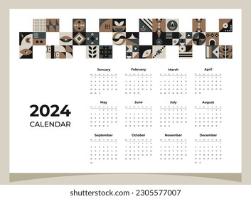 Calendar 2024 geometric patterns. Calendar template for 2024 year with geometric shapes.