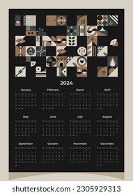 Calendar 2024 geometric patterns. Calendar template for 2024 year with geometric shapes.