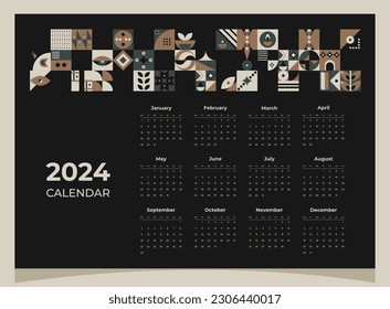 Kalender 2024 geometrische Muster. Kalendervorlage für 2024 Jahr mit geometrischen Formen.