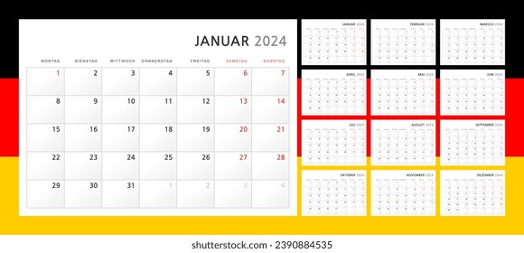 Calendar 2024 in German. Wall quarterly calendar for 2024 in a classic minimalist style. Week starts on Monday. Set of 12 months. Corporate Planner Template. A4 format horizontal. Vector illustration