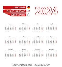 Calendario 2024 en idioma alemán con feriados públicos en el país de Austria en el año 2024. La semana comienza el lunes. Ilustración vectorial.