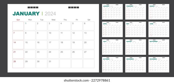 Calendar for 2024 green background, Corporate design planner template.