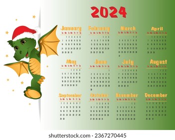 Calendar 2024 with green dragon. Cute little dragon in christmas hat. Week starts on Sunday. Vector illustration in horizontal format A4.