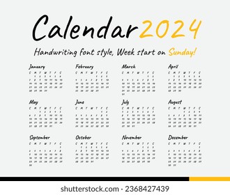 Calendar 2024, Handwriting font, Minimal style, Week start on sunday.