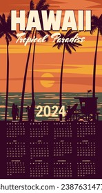 Calendar 2024 Hawaii vintage wall travel poster