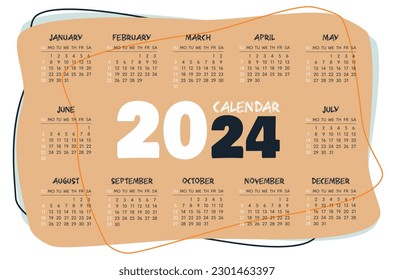 Calendar 2024 horizontal beige and white template. Week start On Sunday, planner, stationary, wall calendar