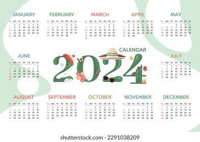 Calendar 2024 horizontal template with cactus number of the year. Week start On Sunday, planner, stationary, wall calendar