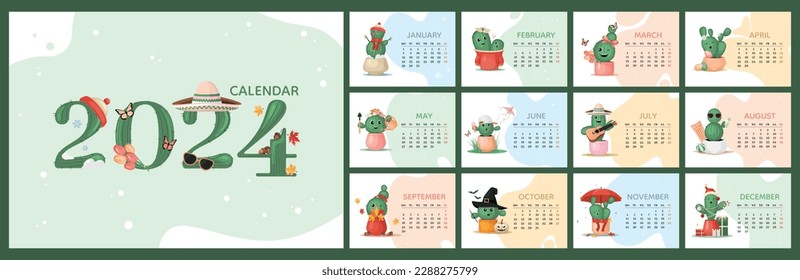 Calendar 2024 horizontal template, cute colorful cactus plant characters design. Week start On Monday, planner, stationary, wall calendar. Vector illustration