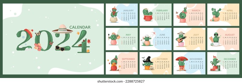 Calendar 2024 horizontal template, cute colorful cactus plant characters design. Week start On Sunday, planner, stationary, wall calendar. Vector illustration