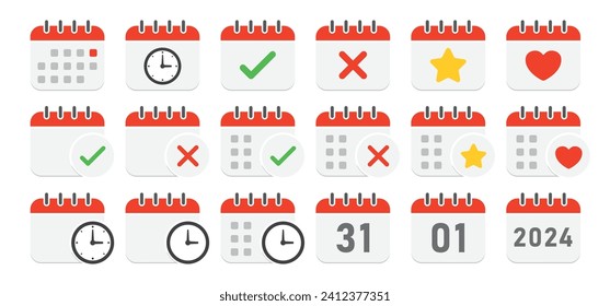 Icono de Calendario 2024 establecido en color rojo, calendario de páginas de iconos del vector con, planear, primer 31, temporizador, corazón, estrella y icono de cancelación. Icono de vector