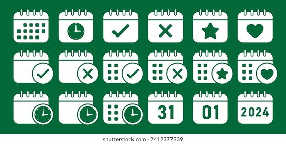 Calendar 2024 icon set in white color with shadow on green background. Vector icon page calendar with, planning, 1st 31st, timer, heart, star, and cancel icon.