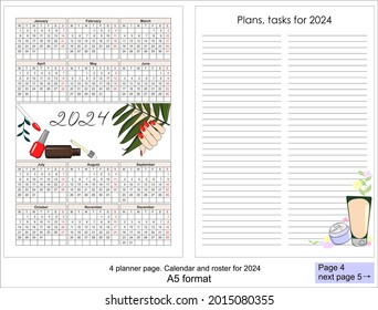 Calendar for 2024, with illustration of female hands. Red nails, cuticle oil and nail polish.
Annual plans worksheet. 4 pages for the planner.