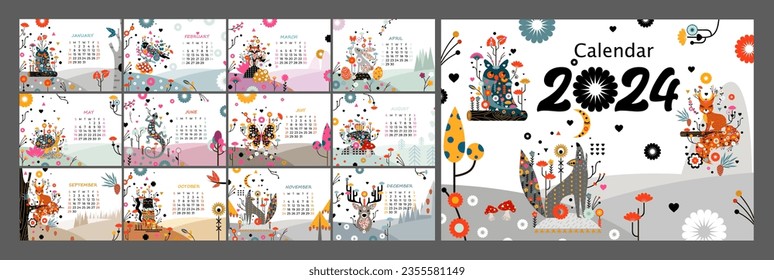 
Calendar for 2024 with images of animals folk art. Monthly calendar. Vector graphics.