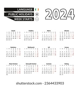 Calendar 2024 in Irish language, week starts on Monday. Vector calendar 2024 year.