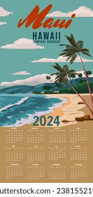 Calendar 2024 Island Maui vintage travel wall poster