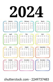 Calendar for 2024 isolated on a white background. Sunday to Monday, business template. Vector illustration