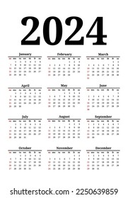 Calendar for 2024 isolated on a white background. Sunday to Monday, business template. Vector illustration