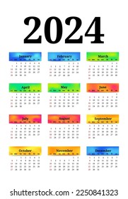 Calendar for 2024 isolated on a white background. Sunday to Monday, business template. Vector illustration