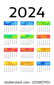 Calendar for 2024 isolated on a white background. Sunday to Monday, business template. Vector illustration
