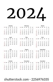 Calendar for 2024 isolated on a white background. Sunday to Monday, business template. Vector illustration