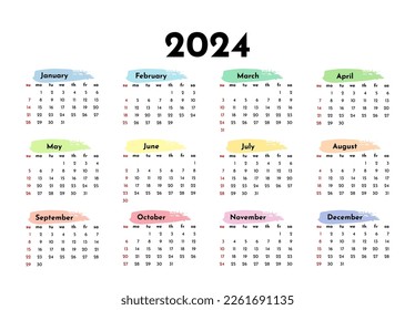 Calendar for 2024 isolated on a white background. Sunday to Monday, business template. Vector illustration