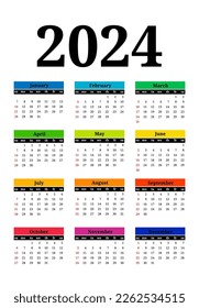 Calendar for 2024 isolated on a white background. Sunday to Monday, business template. Vector illustration