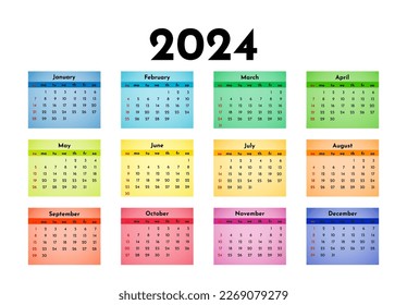 Calendar for 2024 isolated on a white background. Sunday to Monday, business template. Vector illustration