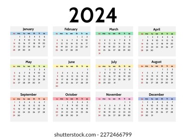 Calendar for 2024 isolated on a white background. Sunday to Monday, business template. Vector illustration