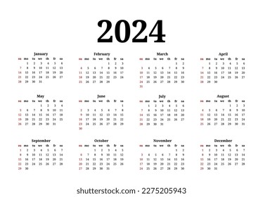 Calendar for 2024 isolated on a white background. Sunday to Monday, business template. Vector illustration