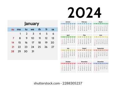 Calendar for 2024 isolated on a white background. Sunday to Monday, business template. Vector illustration